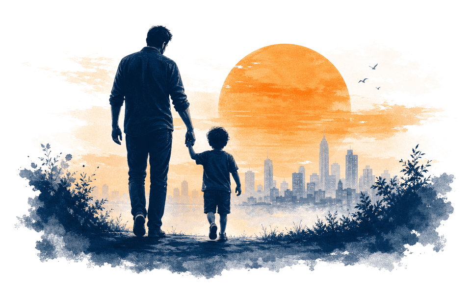 Silhouette of a father and child walking together with an orange sun and city skyline